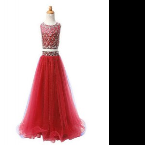 Red Two Pieces Organza Scoop Sleeveless Beading Floor Length Zipper Pageant Dress for Teens