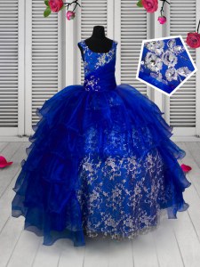 Floor Length Lace Up Pageant Dress Womens Blue for Party and Wedding Party with Appliques