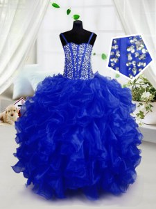 Royal Blue Spaghetti Straps Neckline Beading and Ruffles Pageant Gowns For Girls Sleeveless Lace Up