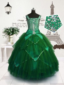 Tulle Sleeveless Floor Length Pageant Dress for Womens and Beading and Belt
