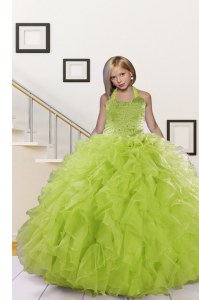 Halter Top Olive Green Ball Gowns Beading and Ruffles Pageant Dress for Teens Lace Up Organza Sleeveless Floor Length