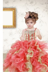 High End Organza Spaghetti Straps Sleeveless Lace Up Beading and Ruffles and Sequins Child Pageant Dress in Multi-color