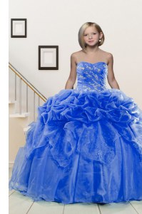 Pick Ups Floor Length Ball Gowns Sleeveless Blue Pageant Gowns For Girls Lace Up
