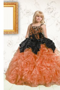Sleeveless Floor Length Beading and Pick Ups Lace Up High School Pageant Dress with Orange