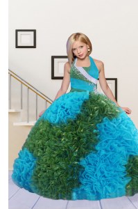 Ball Gowns Glitz Pageant Dress Baby Blue and Green Halter Top Fabric With Rolling Flowers Sleeveless Floor Length Lace Up