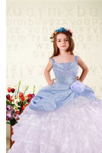 Stylish Ruffled Ball Gowns Girls Pageant Dresses Light Blue Straps Organza Sleeveless Floor Length Lace Up