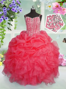 Simple Spaghetti Straps Sleeveless Organza Pageant Dresses Beading and Ruffles and Pick Ups Lace Up
