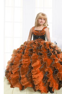 High End Orange Sleeveless Floor Length Beading and Ruffles Lace Up Little Girls Pageant Dress Wholesale