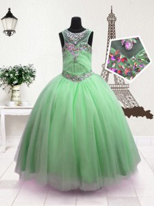 Classical Scoop Apple Green Ball Gowns Beading Little Girl Pageant Dress Zipper Organza Sleeveless Floor Length