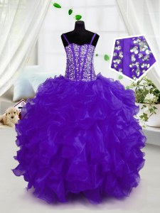 Floor Length Lace Up Kids Formal Wear Purple for Party and Wedding Party with Beading and Ruffles