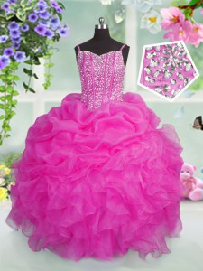 Hot Selling Organza Spaghetti Straps Sleeveless Lace Up Beading and Ruffles and Pick Ups Little Girl Pageant Dress in Baby Pink