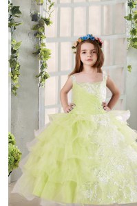 On Sale Square Sleeveless Little Girls Pageant Dress Wholesale Floor Length Lace and Ruffled Layers Light Yellow Organza