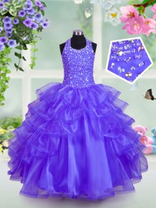 Halter Top Sleeveless Organza Lace Up Little Girls Pageant Gowns in Blue with Beading and Ruffled Layers