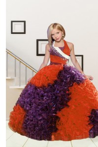 Wonderful Fabric With Rolling Flowers Halter Top Sleeveless Lace Up Beading and Ruffles Little Girls Pageant Dress in Purple and Orange Red