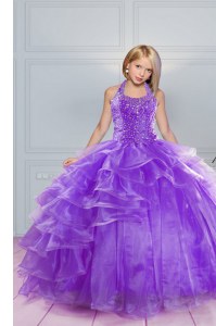 Floor Length Lavender Little Girls Pageant Dress Halter Top Sleeveless Lace Up
