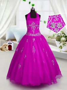 Perfect Halter Top Fuchsia Lace Up Pageant Dress for Teens Appliques Sleeveless Floor Length