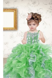 Custom Design Sleeveless Floor Length Beading and Ruffles and Sequins Lace Up Little Girls Pageant Dress with Multi-color