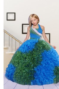 Halter Top Sleeveless Lace Up Kids Formal Wear Blue and Dark Green Fabric With Rolling Flowers