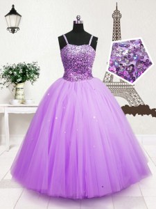 Lavender Ball Gowns Tulle Spaghetti Straps Sleeveless Beading and Sequins Floor Length Zipper Kids Pageant Dress