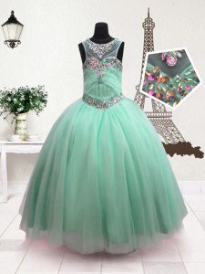 Scoop Turquoise Ball Gowns Beading Little Girls Pageant Gowns Zipper Organza Sleeveless Floor Length