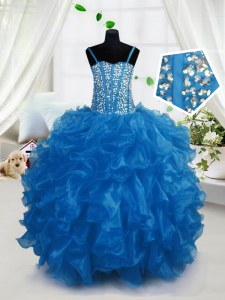 Dramatic Ball Gowns Little Girls Pageant Dress Wholesale Blue Spaghetti Straps Organza Sleeveless Floor Length Lace Up