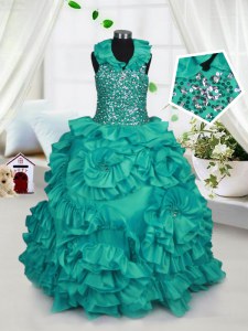 Halter Top Floor Length Ball Gowns Sleeveless Turquoise Pageant Dress for Womens Zipper