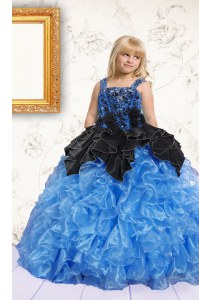 Attractive Blue Ball Gowns Straps Sleeveless Organza Floor Length Lace Up Beading and Pick Ups Kids Pageant Dress