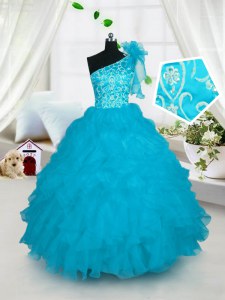 Perfect Turquoise One Shoulder Lace Up Embroidery and Ruffles Child Pageant Dress Sleeveless