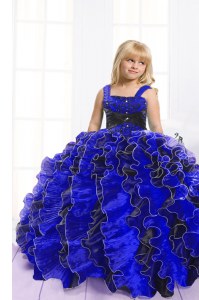 Floor Length Blue And Black Kids Pageant Dress Spaghetti Straps Sleeveless Lace Up