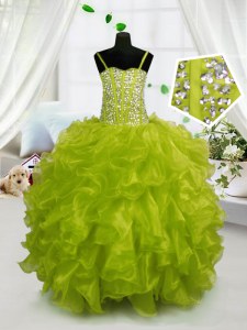 Fashionable Yellow Green Lace Up Kids Pageant Dress Beading and Ruffles Sleeveless Floor Length