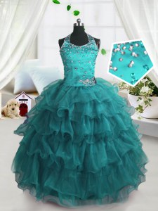 Eye-catching Ruffled Ball Gowns Little Girl Pageant Gowns Turquoise Spaghetti Straps Organza Sleeveless Floor Length Lace Up