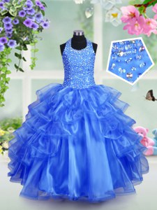 Beauteous Halter Top Royal Blue Ball Gowns Beading and Ruffled Layers Little Girl Pageant Gowns Lace Up Organza Sleeveless Floor Length