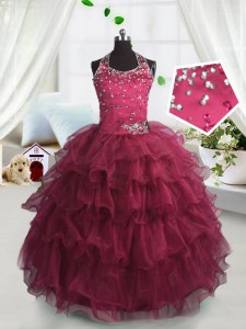 Unique Scoop Sleeveless Organza Floor Length Lace Up Pageant Gowns in Watermelon Red with Beading and Ruffled Layers