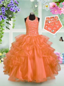 Eye-catching Halter Top Floor Length Orange Evening Gowns Organza Sleeveless Beading and Ruffled Layers