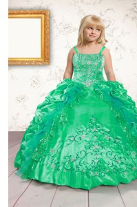 Spaghetti Straps Sleeveless Pageant Dress Toddler Floor Length Beading and Appliques and Pick Ups Green Satin