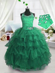 Scoop Sleeveless Floor Length Beading and Ruffled Layers Lace Up Girls Pageant Dresses with Peacock Green