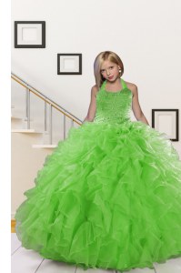 Halter Top Floor Length Lace Up Pageant Dress Womens Green for Wedding Party with Beading and Ruffles