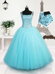 Enchanting Straps Sleeveless Little Girls Pageant Gowns Floor Length Beading and Sequins Light Blue Tulle