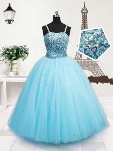 Sequins Ball Gowns Little Girls Pageant Gowns Turquoise Spaghetti Straps Tulle Sleeveless Floor Length Zipper