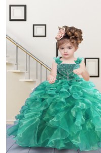 High Class Organza Straps Sleeveless Lace Up Beading and Ruffles Little Girls Pageant Dress in Turquoise