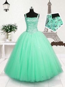 Custom Fit Straps Sleeveless Tulle Little Girls Pageant Gowns Beading and Sequins Lace Up