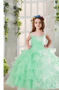 Sleeveless Organza Floor Length Lace Up Kids Pageant Dress in Turquoise with Lace and Ruffled Layers
