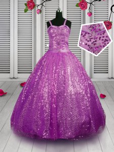 Purple Sleeveless Beading and Sequins Floor Length Little Girl Pageant Gowns