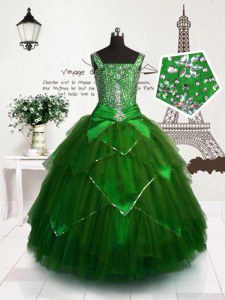 Cute Dark Green Pageant Dress for Teens Party and Wedding Party and For with Beading and Sashes ribbons Straps Sleeveless Lace Up
