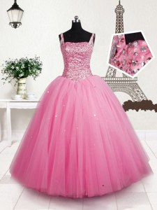 Beading and Sequins Custom Made Pageant Dress Baby Pink Lace Up Sleeveless Floor Length