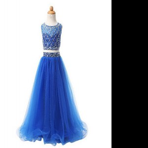High Quality Blue Pageant Gowns For Girls Party and Wedding Party and For with Beading Scoop Sleeveless Zipper