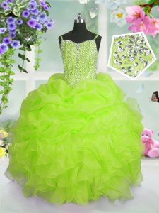 Trendy Yellow Green Spaghetti Straps Lace Up Beading and Ruffles and Pick Ups Little Girls Pageant Dress Sleeveless