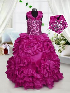 Custom Design Halter Top Sleeveless Little Girl Pageant Gowns Floor Length Beading and Ruffles Fuchsia Taffeta