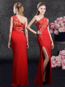 One Shoulder Sleeveless Side Zipper Floor Length Lace and Appliques Mother of Groom Dress