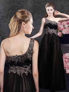 Glorious One Shoulder Black Sleeveless Floor Length Appliques Side Zipper Mother of the Bride Dress